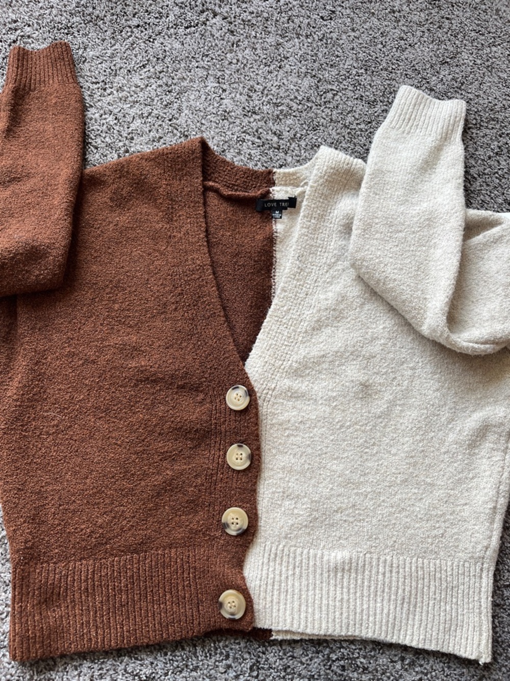 Love Tree Brown & Cream Color Block Bouclé Cardigan Sweater Size Medium Cozy But - Picture 4 of 4